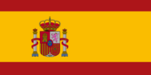 Flag of Spain: red top and bottom stripes with a central yellow stripe and the Spanish coat of arms near the hoist.